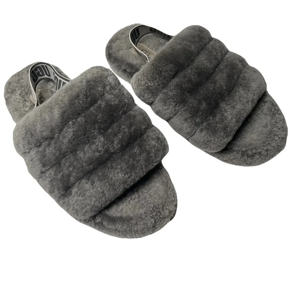 UGG Big Kids Fluff Yeah Gray Slides Slippers Sz 4 EU 36 Cozy Girls Youth Women's
